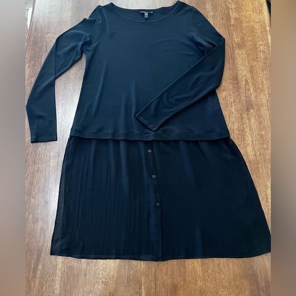 Eileen Fisher Black Longline 100% Silk Tunic Bateau Neck Sheer Chiffon Hem Sz S - Picture 5 of 7